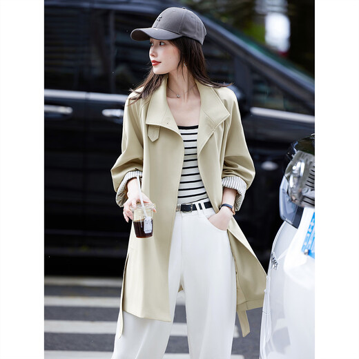 Awakening Paradise Autumn Fashion Mid-Length British Korean Style Loose Temperament Coat Jacket Windbreaker Women Khaki S