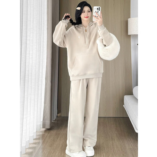 Ran Qiqi maternity wear autumn suit top long-sleeved loose hooded zipper sweatshirt pants two-piece set 2025 new autumn clothing apricot suit L