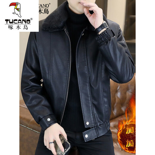 Woodpecker 2026 new high-end men's Haining leather jacket 2026 autumn and winter new thickened fur one-piece leather jacket for men 8510-black fur one-piece 2XL 120-140Jin Jin equals 0.5 kg
