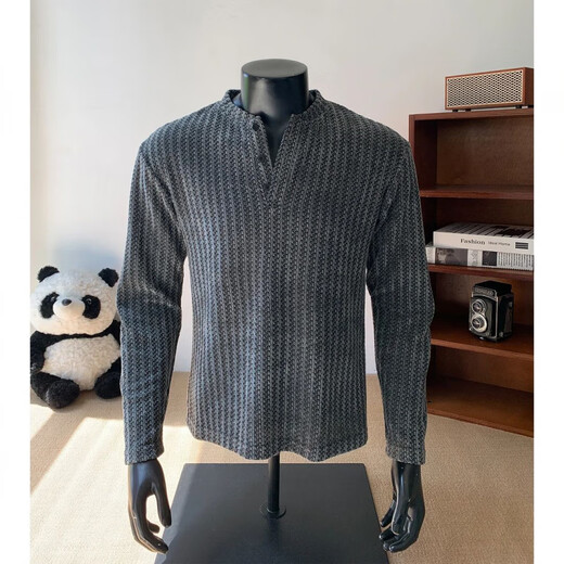 Herringbone Henley Collar Sweatshirt Men's Autumn Trendy Long-Sleeved Bottoming Shirt American Heavyweight Relaxed Hooded Jacket White M