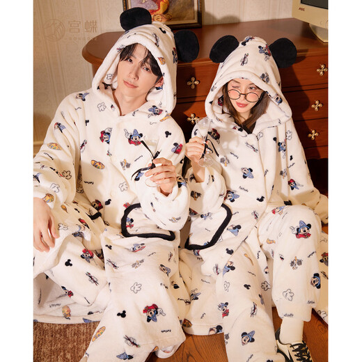 Gongdie Thermal Storage Disney Mickey Couple Pajamas for Women Winter Anti-static Flannel Pajamas Set for Men