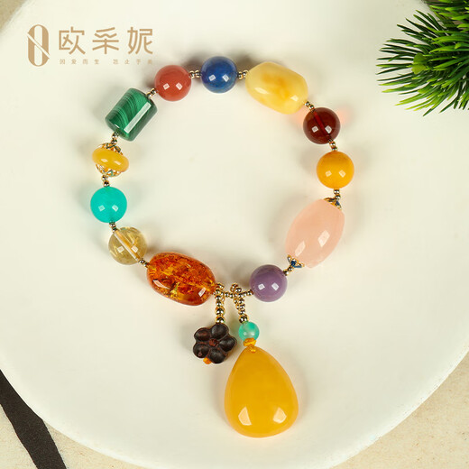 Ouchini Natural Beeswax Bracelet Duobao Bracelet Bracelet Blood Amber and Amber with Amber Water Drop Pendant for Birthday Gift Colorful Water Drop Bracelet