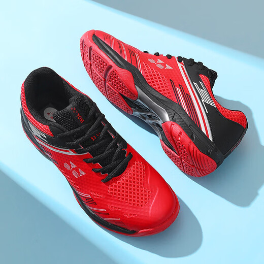 2025 new badminton training shoes for men and women, wear-resistant shock-absorbing mesh, breathable tennis sports professional competition shoes, black and red 41
