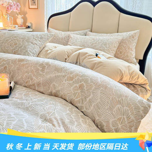 Mercury series home textile new 100% cotton four-piece set floral pure cotton brushed quick-warm autumn and winter thickened bed sheet duvet cover and fitted sheet three-piece set Flower Spike 100% cotton 1.5m fitted sheet set four-piece set 100% cotton