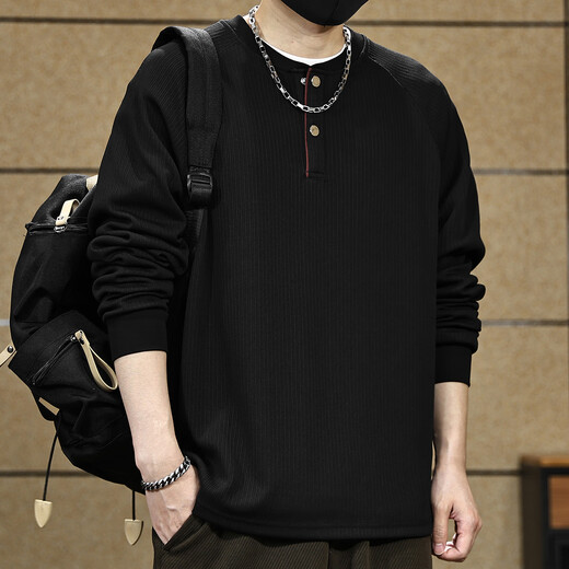 Yilang cool American classic textured striped sweatshirt for men 2025 autumn new trendy brand loose Henry collar long-sleeved bottoming shirt blue gray M suitable for 115-130Jin Jin equals 0.5 kg