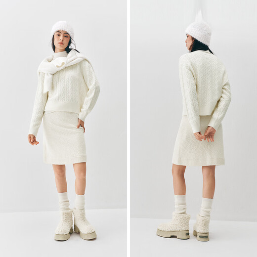 Same style as Semir shopping mall | Senrou Semir sweater for women winter short cable tie round neck loose 2025 new retro sweater milk white 10501 S