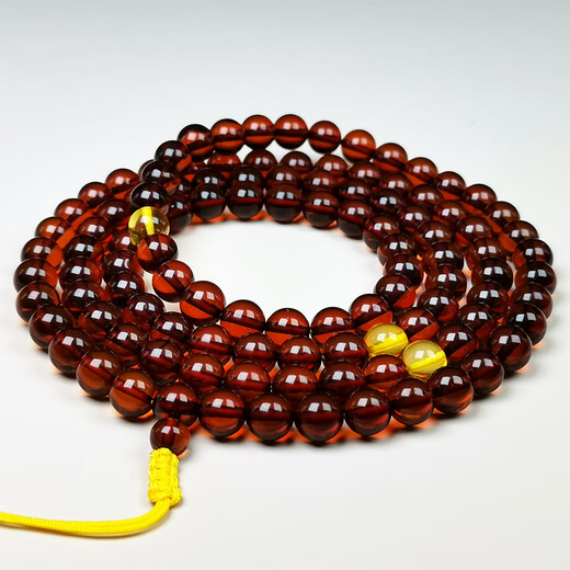Amber style, one thing, one picture, one certificate, 108 amber bracelets, Buddhist beads, rosary necklace, men's and women's bracelets, burgundy, beads, 24.5g, 7mm