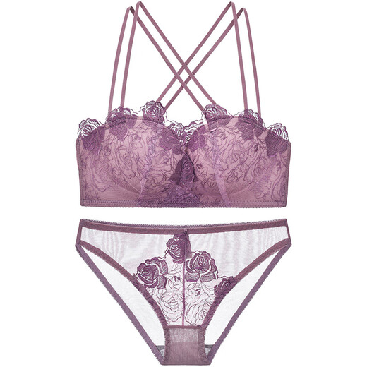 Triumph Purple Lace Underwear Women's Small Breast Gathering Sexy Beautiful Back Bra Secondary Breast Control Anti-Sagging Wireless Bra Set Purple (Set) 75A 34BC Universal Cup