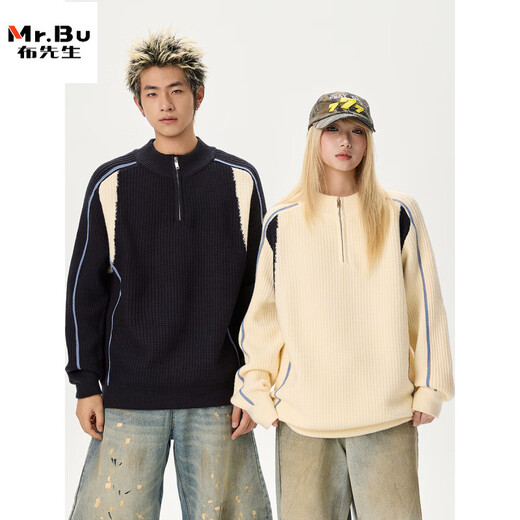Mr. Bu couple's clothing autumn and winter American retro splicing contrasting sweaters Henry collar half-zip warm sweaters men's and women's jackets Beige M