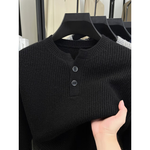 TOMMY JEANS Tommy Gray American Heavy Thick Needle Henley Neck Sweater Men's Autumn and Winter Feeling Lazy Wind Bottoming Sweater Loose White Gray M