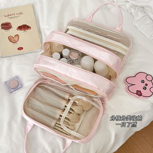 New Bow Cosmetic Bag Large Capacity Cosmetic Storage Bag Portable Upright Women's Travel Toilet Bag Three-Layer Strap Cosmetic Bag Pink Hanging Luggage丨Bow Knot