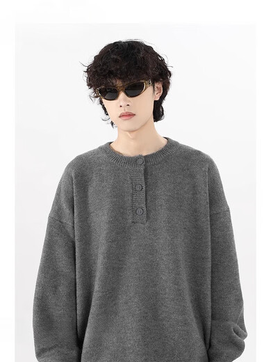 OEMG Henry collar solid color cleanfit sweater men's autumn and winter trendy brand sweater tops lazy style jacket floral gray XL recommended 110-130Jin Jin equals 0.5 kg
