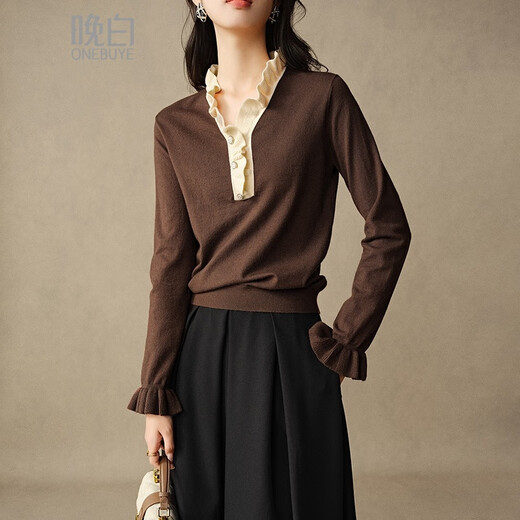 Late White New Product 2025 Autumn Fashion Simple Casual Sweater Temperament V-neck Lace Elegant Knitted Sweater Women Brown S