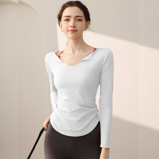 Yoga wear women's long-sleeved T-shirt temperament U-neck waist slimming sports long-sleeved Pilates training fitness top coral pink L