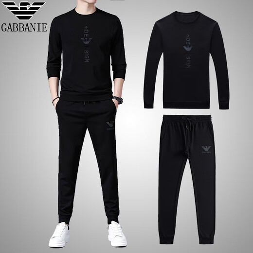 AX Armani Sports Suit Spring Men's Trendy Casual Two-piece Set Youth Mercerized Cotton Round Neck Long Sleeve Trendy Black 9320 M 165