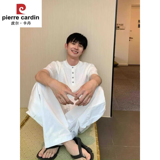 Pierre Cardin brand high-end knitted solid color pullover button short-sleeved t-shirt for men summer Korean style loose henley collar polo shirt light gray S