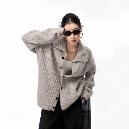 ICH MODE American old money style lapel knitted cardigan women's autumn and winter lazy sweater jacket loose top light gray S