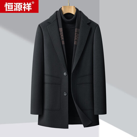 恒源祥冬季双面呢羊毛大衣男西装领中长款内胆羊毛呢大衣外套 6805黑色 M 170/88A
