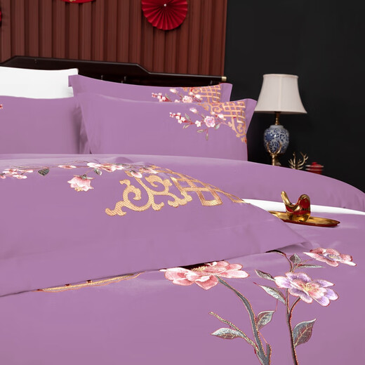 New wedding four-piece set 100s long staple cotton bright red wedding embroidery quilt set wedding room four-piece set dark fragrance purple bean paste 1.8m bed sheet style four-piece set