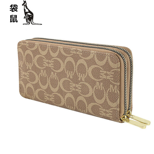 Kangaroo (KANGAROO) women's long wallet 2024 new European and American large capacity double zipper mobile phone bag mother clutch bag CM light coffee
