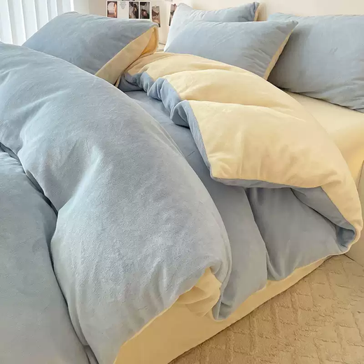 Fantasy winter double-sided thickened milk velvet four-piece set flannel quilt cover plus velvet sheets winter coral velvet bedding baby blue + milkshake yellow double-sided milk velvet plus sheet style 1.8m bed 1.8m bed