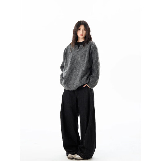 Leolite American retro twist design sweater men's lazy high-end Henry collar loose pullover sweater dark gray S