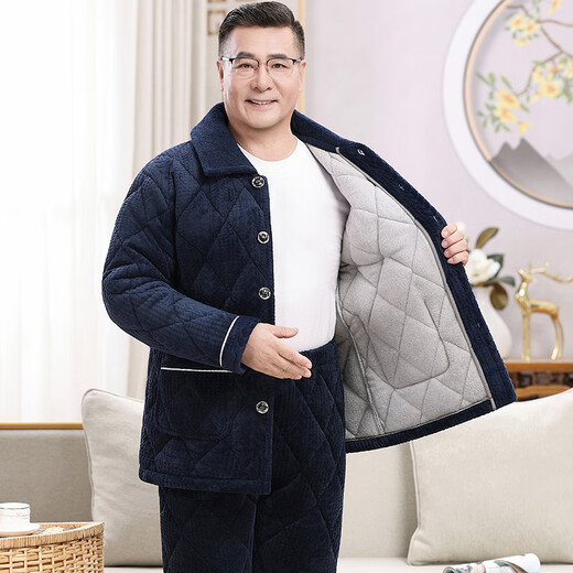 随阅睡衣男士冬季加绒加厚爸爸棉袄冬天牛奶绒保暖家居服中老年人套装 N9926F蓝 牛奶绒 升级加厚 L 码 90-120斤