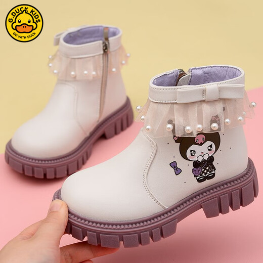 G.duck Little Yellow Duck Girls Short Boots Genuine Leather Children's Martin Boots 2025 Autumn and Winter New Kuromi Children's Shoes Plus Velvet Second Cotton Boots Black Single Boot + Soft Genuine Leather + Light Soft Sole + Kuromi Bow 33 Inner Length Approximately 21.1cm