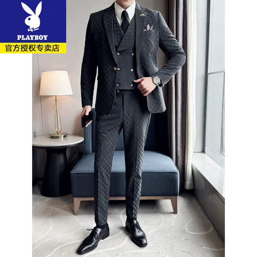 Playboy suit suit men's three-piece slim coat plaid small suit professional formal suit groom handsome wedding dress trendy dark gray suit + vest + trousers + free white shirt + black tie L