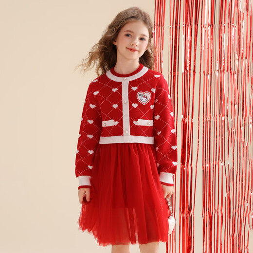 Hello Kitty girls autumn and winter sweater skirt festive atmosphere big children's warm dress New Year's greetings clothing