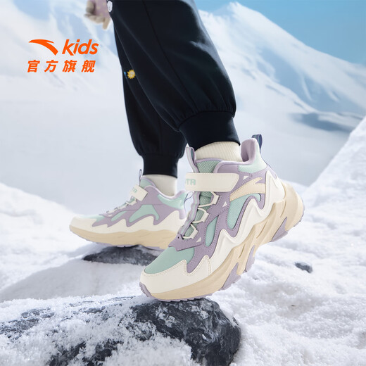 ANTA children's cotton shoes for girls and boys 2025 winter plus velvet warm knob buckle snow non-slip mountain and river high-top cotton boots recommended by the store manager Yuwuqing/Ivory White/Poplar Purple-5 39 Inner length of the shoe 24.5cm