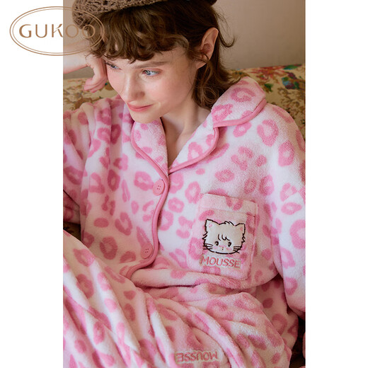 果壳（Gukoo）睡衣女冬季新款mikko毛绒保暖舒适豹纹女士家居服套装 玫瑰粉 M