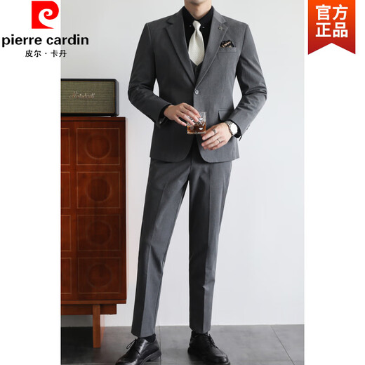 Pierre Cardin old money style autumn and winter casual suit men's professional formal one-button business suit three-piece knitted dark gray L
