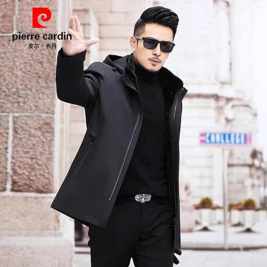 Pierre Cardins neuer Parka Herren Nerzfell integriertes Innenfutter Echtfell Nickmantel warmer Wintermantel mittleren Alters schwarz M 165