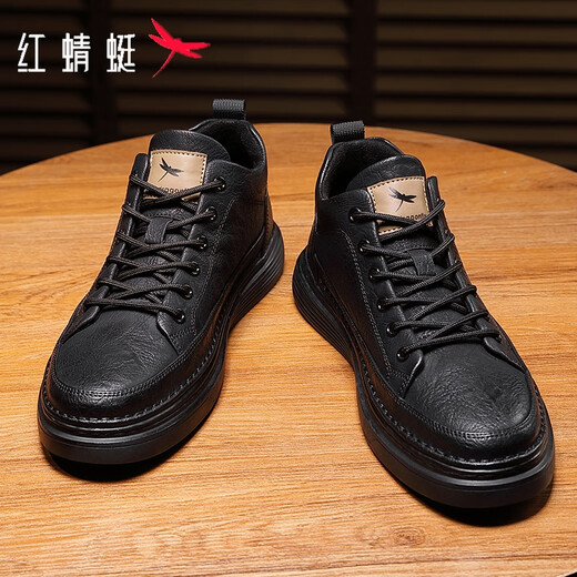 Red Dragonfly Men's Shoes Business Casual Leather Shoes Men's 2025 Autumn and Winter New Style Sneakers Men's Versatile Cowhide and Velvet Warm Shoes Men's All Black 7002 41 (255)