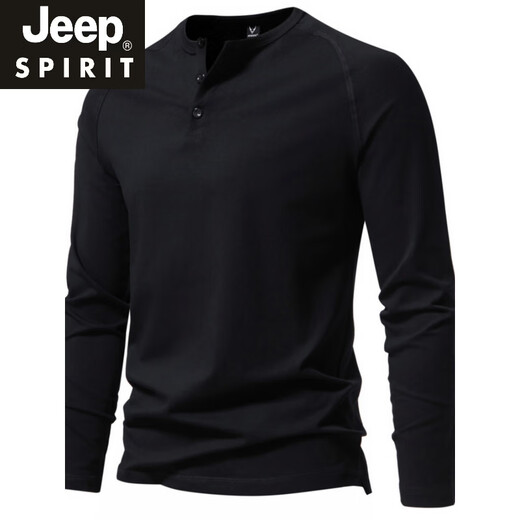 JEEP SPIRIT autumn men's pure cotton Henry collar long-sleeved T-shirt youth European and American simple elastic slim solid color versatile bottoming shirt dark gray XL