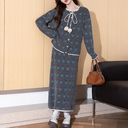 TonLion 2025 autumn and winter retro style pattern cardigan sweater and skirt two-piece women's suit