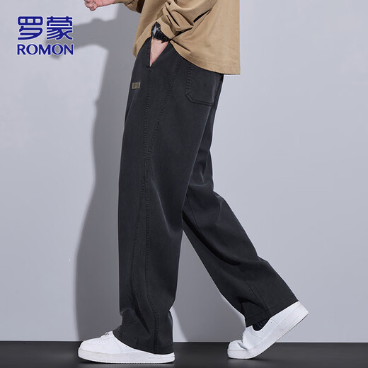 罗蒙（ROMON）裤子男士春季商务宽松休闲裤男裤潮流阔腿直筒裤 黑色 XL