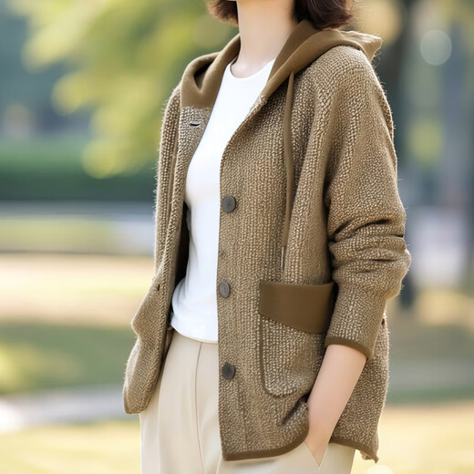 Sudian Women's Original Brand Flagship Store Fashionable Wool Blend Colorful Hooded Knitted Jacket Autumn Women Khaki 2XL