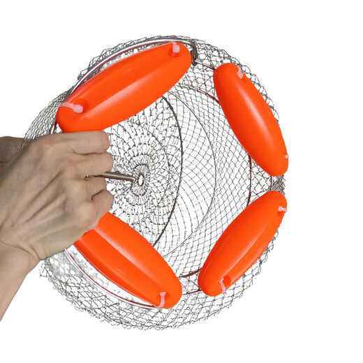 RTI floating fish protection folding wire fish protection fish basket net bag fishing protection net to hold fish stainless steel wire fish cage fish household 38X45cm straight fish basket stainless steel + rope + bag