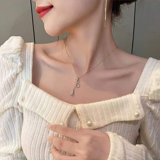 Titanium steel temperament gourd pendant necklace for women, light luxury niche design, exquisite clavicle chain, high-end fashion sweater chain, micro-embedded gourd pendant necklace