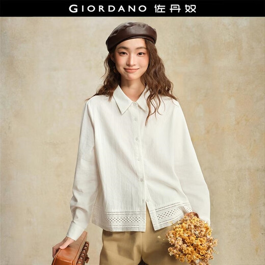 Giordano designer white shirt women's new pure cotton splicing lace loose shirt women's long sleeves 18345616