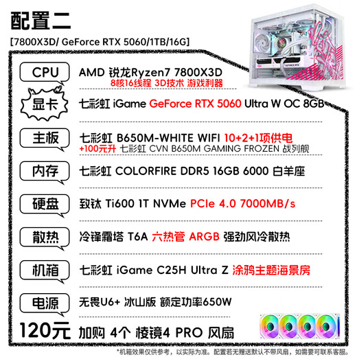 Colorful Ruilong R7 7800X3D RTX5060Ti RTX5070 assembled computer complete machine DIY Delta game console live broadcast design desktop e-sports console Configuration 2 7800X3D RTX5060 pure white console