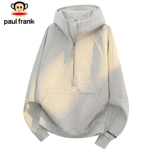 Paul Frank American hooded sweatshirt for men and women, autumn and winter loose half-zip top jacket for men, white gray 3XL