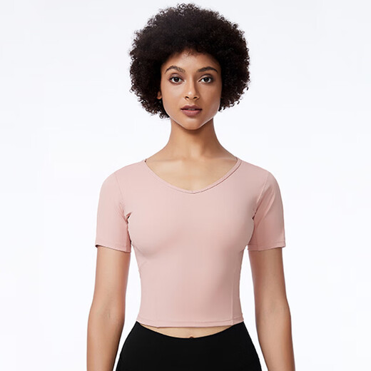 V-neck slim slimming yoga wear top for women professional Pilates short-sleeved T-shirt high elastic breathable sports fitness wear pink (YJY21-10-4) M