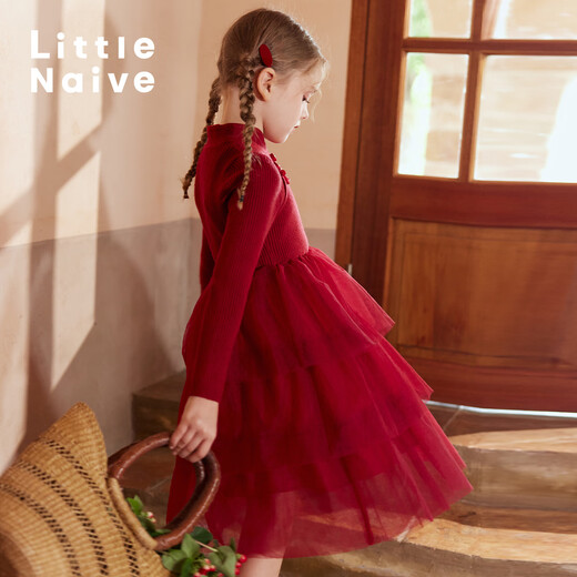 Little Naive children's long-sleeved knitted dress autumn and winter new Chinese style girls patchwork cake mesh skirt red 120