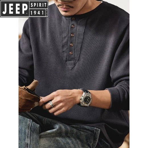 JEEP SPIRIT Jeep high-end heavyweight long-sleeved sweater men's winter loose sweater tough guy Henry collar bottoming shirt top warm classic coffee XL 135-150Jin Jin is equal to 0.5 kg