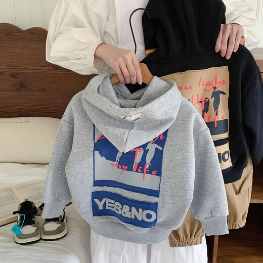 Jungen-Winter-Kapuzenpullover 2024 Herbst und Winter neuer Stil Kinder-Hoodie im koreanischen Stil All-in-One-Samtoberteil plus trendige braune Kinderhose aus Samt 90 cm_(empfohlene Körpergröße 85-95 cm)