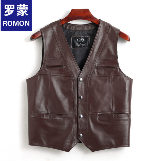 ROMON fishing style men's vest, middle-aged and elderly warm casual waistcoat, genuine sheepskin inner pocket, soft top layer leather, brown sheepskin vest/single lining XL recommended 90-120Jin Jin equals 0.5kg