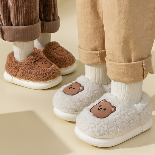 Yunshun children's cotton shoes winter style boys and girls home indoor non-slip warm plus plush fur shoes children baby cotton shoes coffee color 18-19 (shoe inner length 17cm)